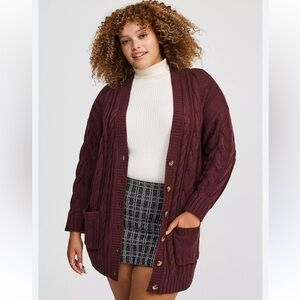 NWT Torrid Burgundy Purple Cable Knit Longline Boyfriend V-Neck Cardigan Sz 3